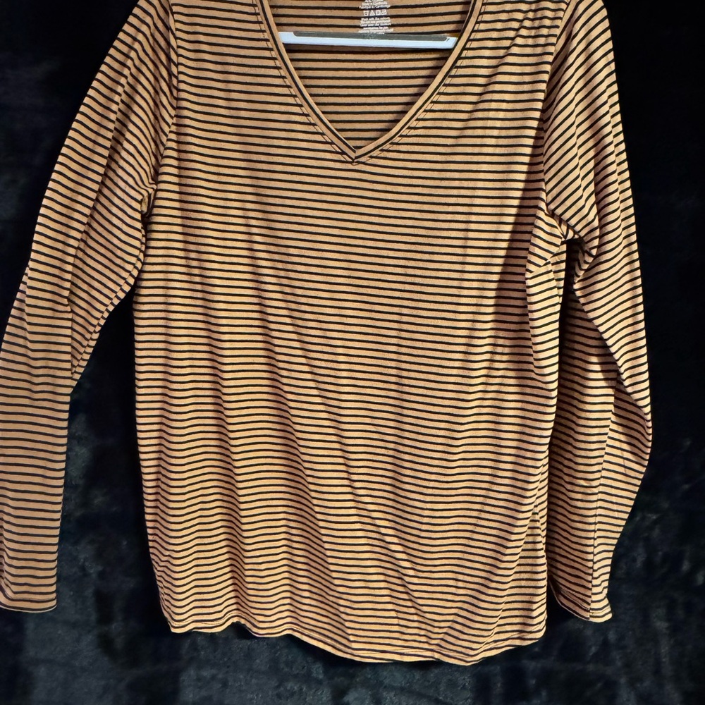 George Tan and Black Striped V-Neck Long Sleeve Top